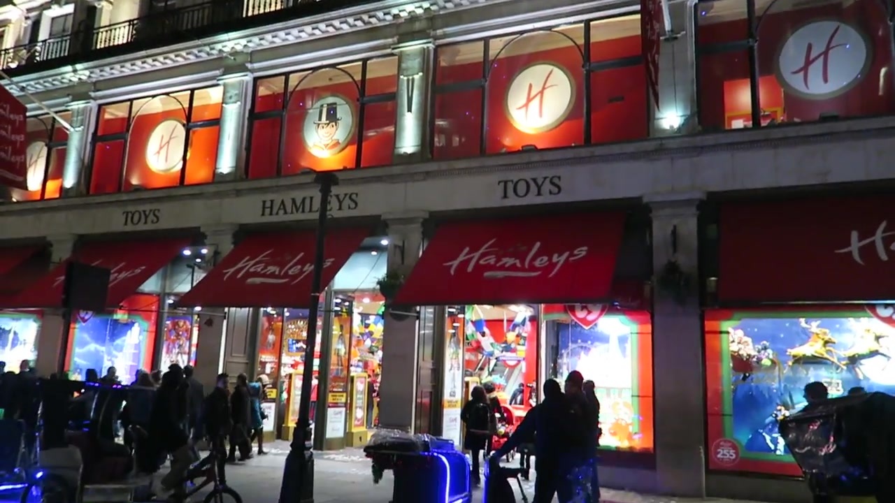 Hamleys shopfront and brightly lit toy window displays