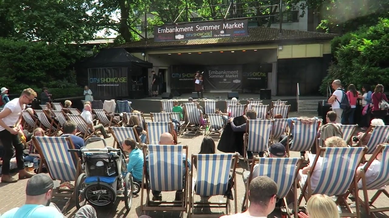 Deckchairs facing the live music stage at Embankment Summer Market.