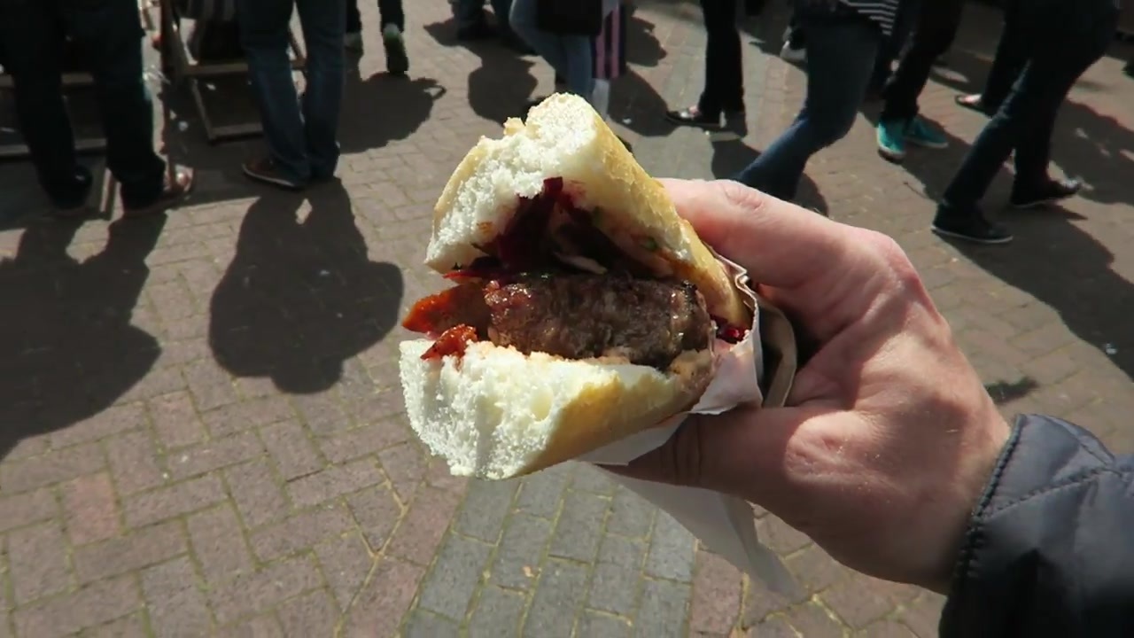 The Spanish-inspired burger served in a baguette after the buns ran out.
