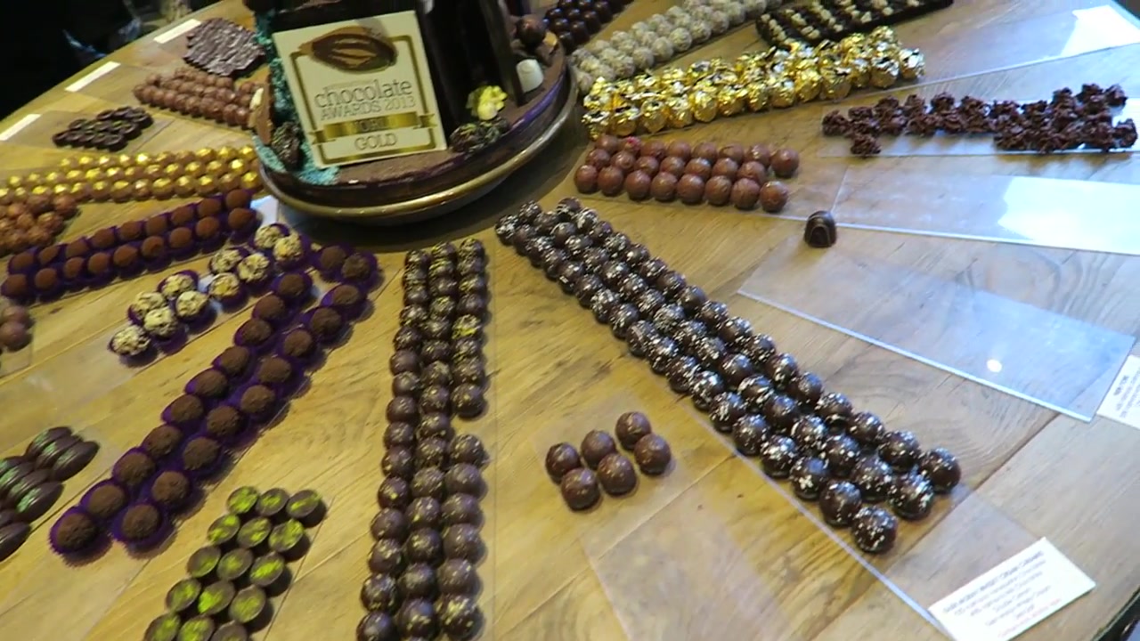 Rows of handmade chocolates inside Paul A Young in Soho in 2016