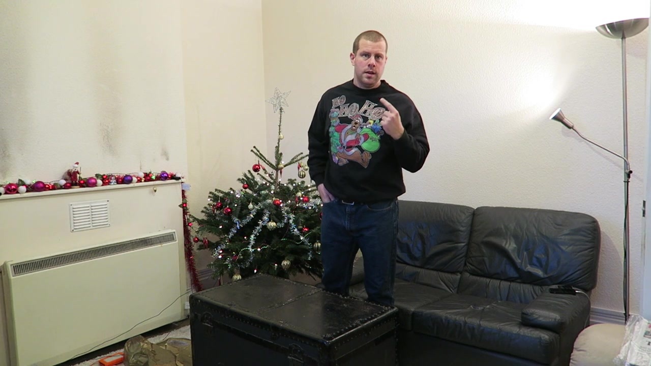 Barry models his Scooby-Doo Christmas jumper beside a Christmas tree at home.