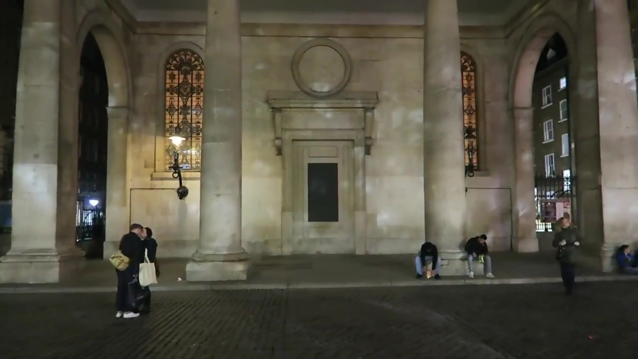The illuminated entrance of St Paul’s Church in Covent Garden at night.