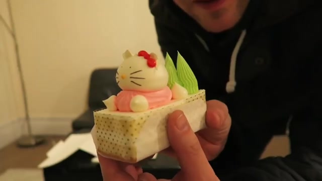 Barry holding a Hello Kitty-style cream cake after bringing it home from Chinatown.