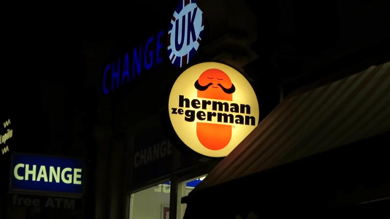 The illuminated Herman Ze German sausage sign on Villiers Street in December 2014.