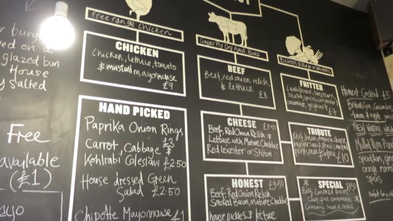 Chalkboard showing the Honest Burgers menu in 2015