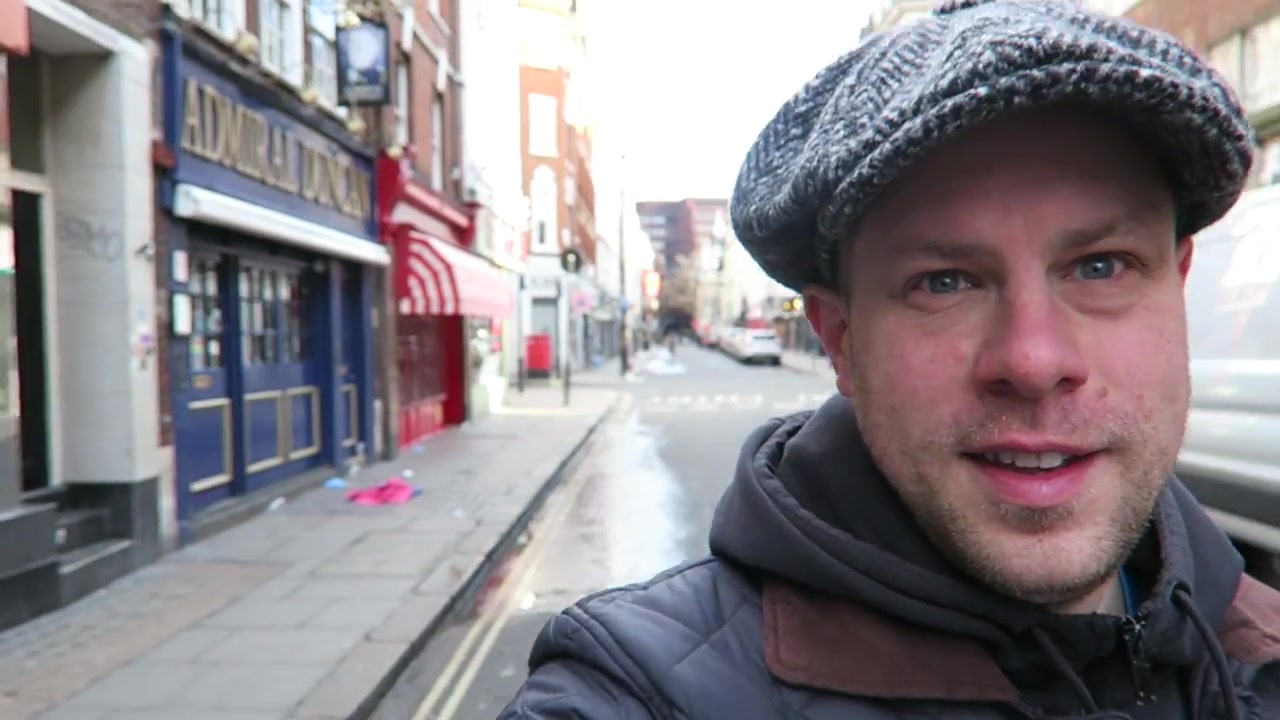 Barry walking through a quiet Soho street before breakfast in February 2016.