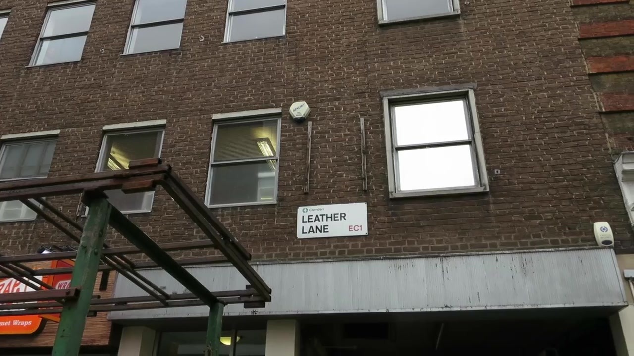 Leather Lane EC1 sign on a brick building