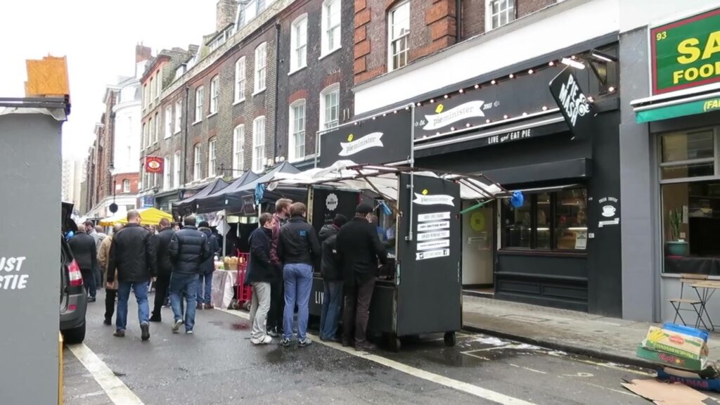 Pieminister shop and outdoor stall on Leather Lane