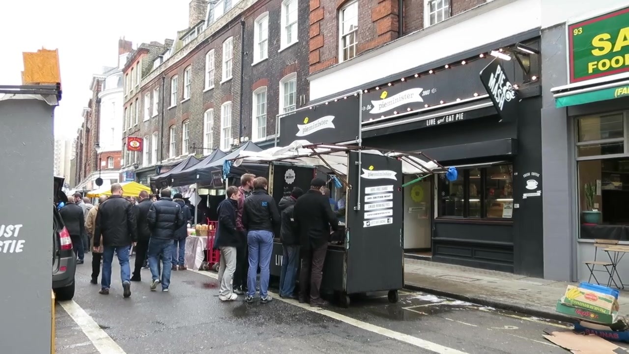 Pieminister shop and outdoor stall on Leather Lane