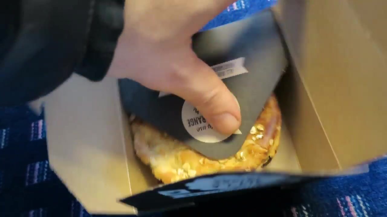 Takeaway pie packaging opened on a lap