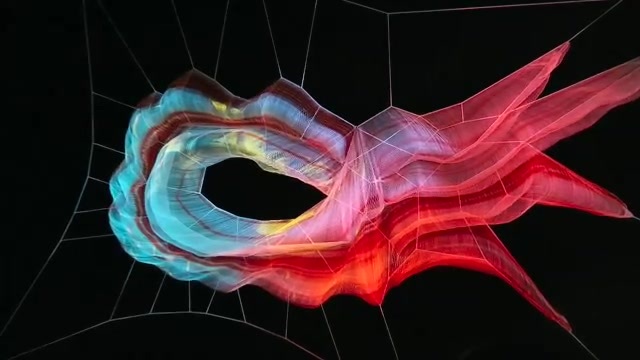 Red and blue illuminated net sculpture above Oxford Circus at Lumiere London 2016