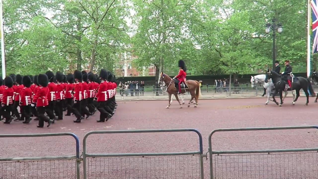 Marching guards and mounted personnel beneath flags on The Mall